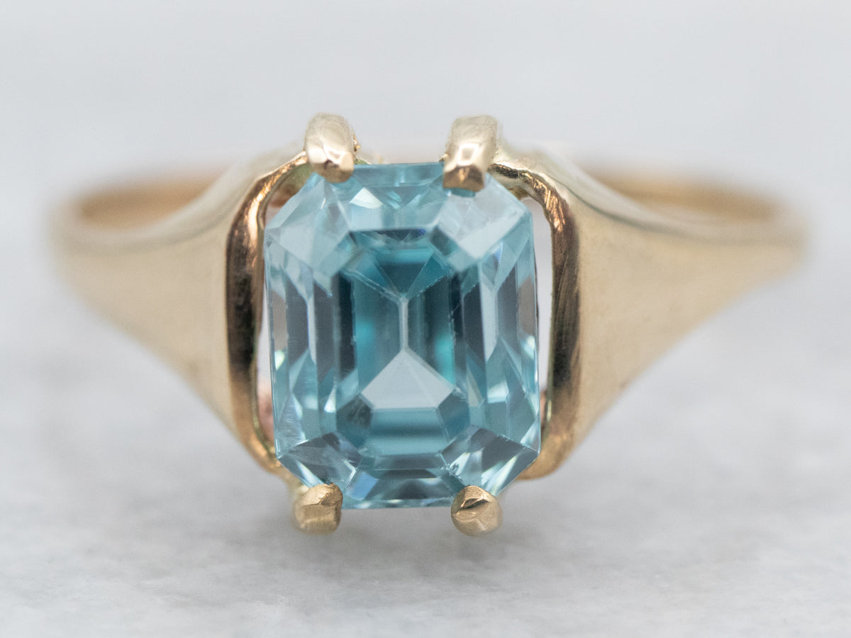 Yellow Gold Emerald Cut Blue Zircon Solitaire Ring