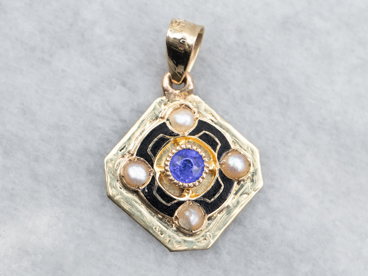 Yellow Gold Blue Glass Doublet, Black Enamel, and Seed Pearl Pendant