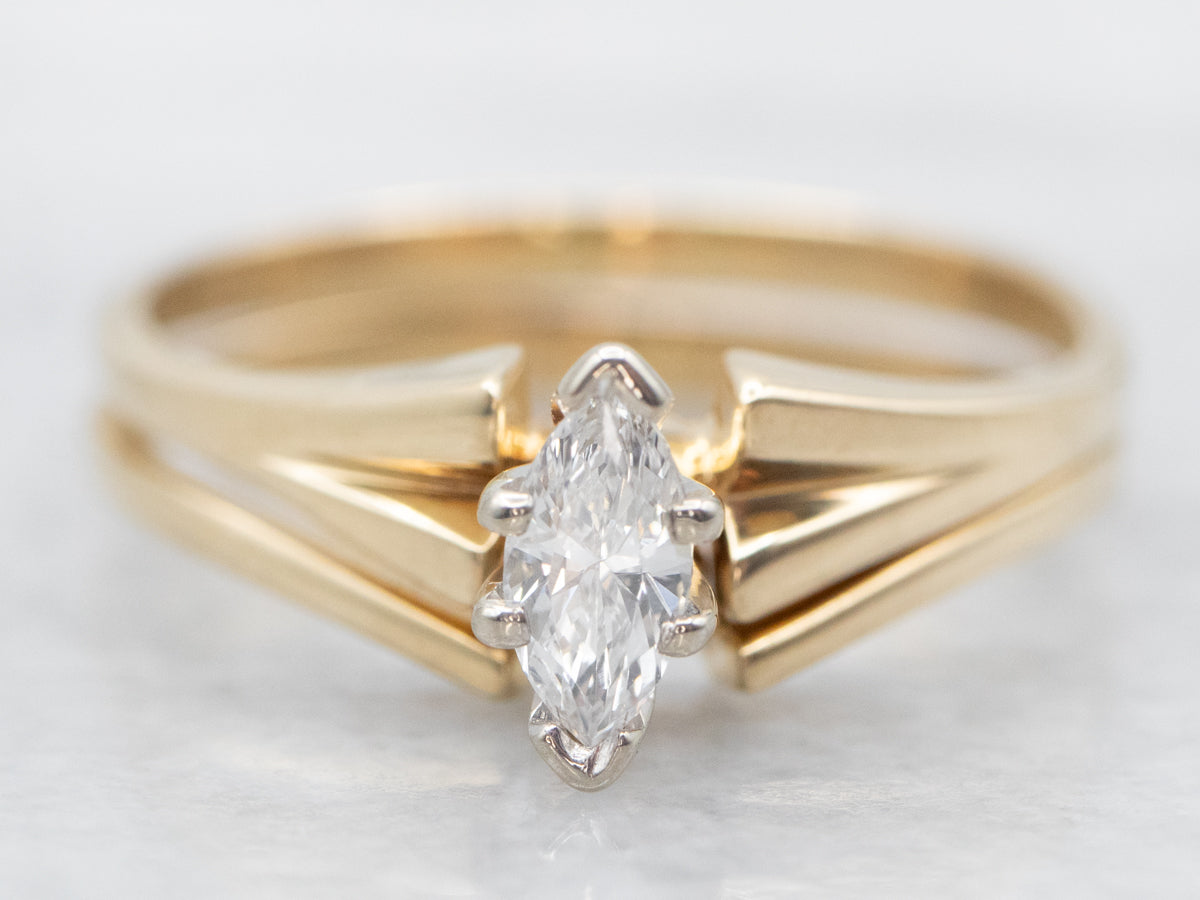 Two Tone Marquise Cut Diamond Engagement Ring with Yellow Gold Enhancer Wedding Band Set