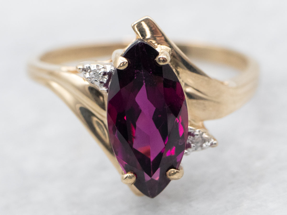 Yellow Gold Marquise Cut Rhodolite Garnet Bypass Ring with Diamond Accents