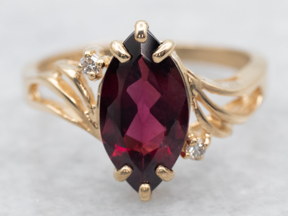 Yellow Gold Marquise Cut Rhodolite Garnet Bypass Ring with Diamond Accents