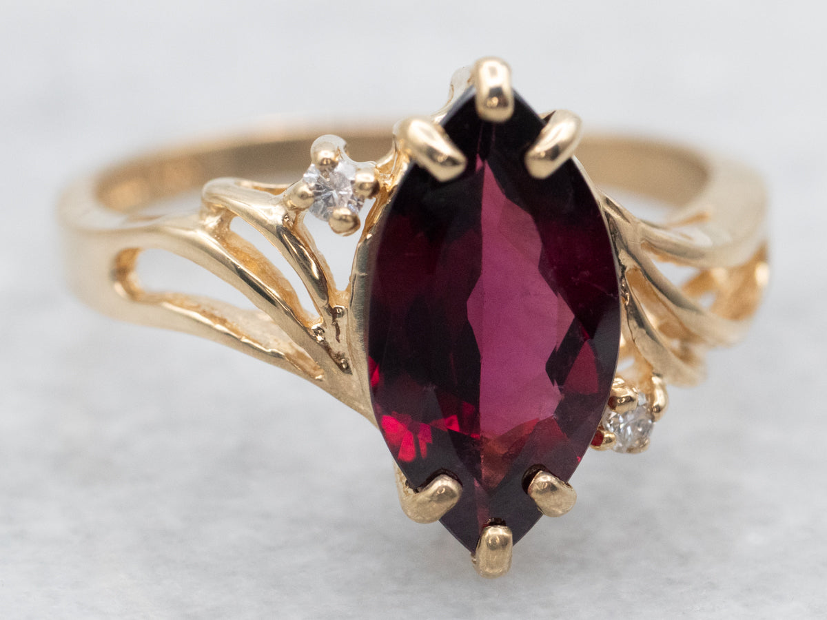 Yellow Gold Marquise Cut Rhodolite Garnet Bypass Ring with Diamond Accents