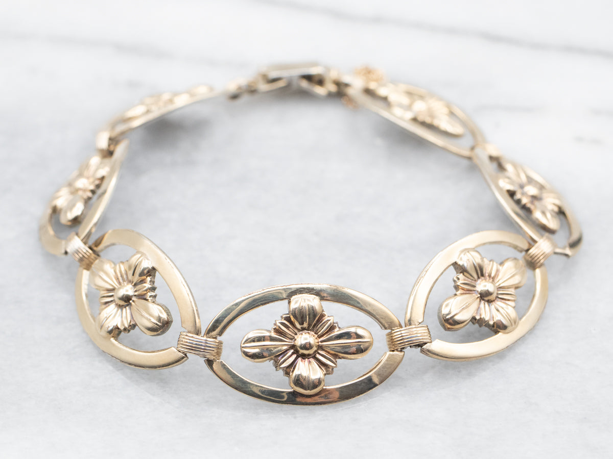 Sterling Silver Yellow Gold Overlay Flower Oval Link Bracelet