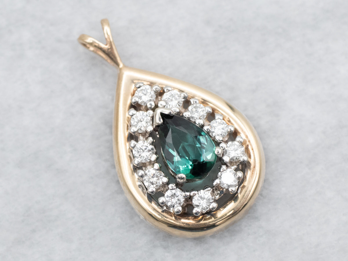 Yellow Gold Pear Cut Green Tourmaline Teardrop Shaped Pendant with Diamond Halo