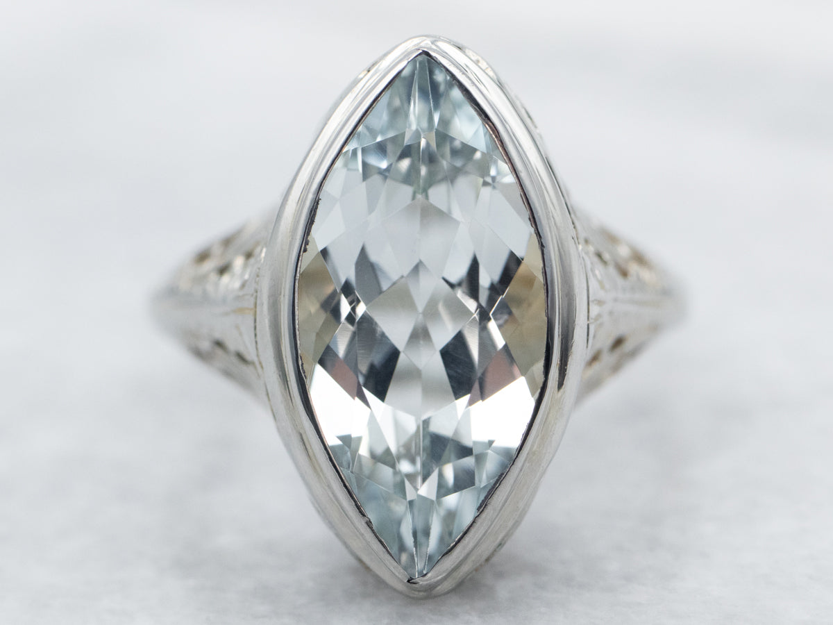 White Gold Bezel Set Marquise Cut Aquamarine Solitaire Ring