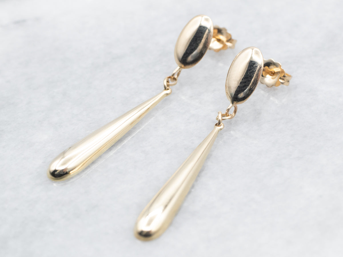 Yellow Gold Teardrop Shaped Drop Earrings with Oval Shaped Stud