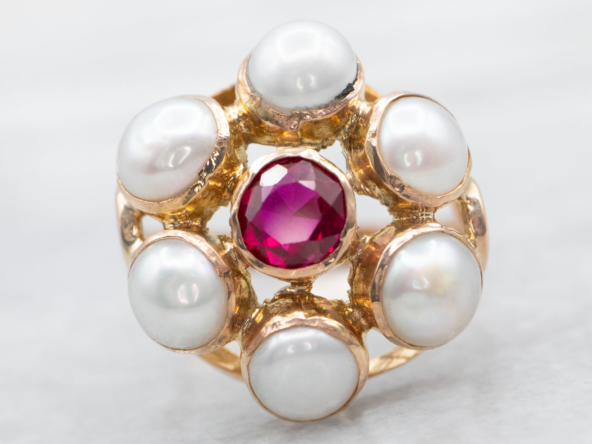 Yellow Gold Synthetic Ruby and Freshwater Button Pearls Flower Ring