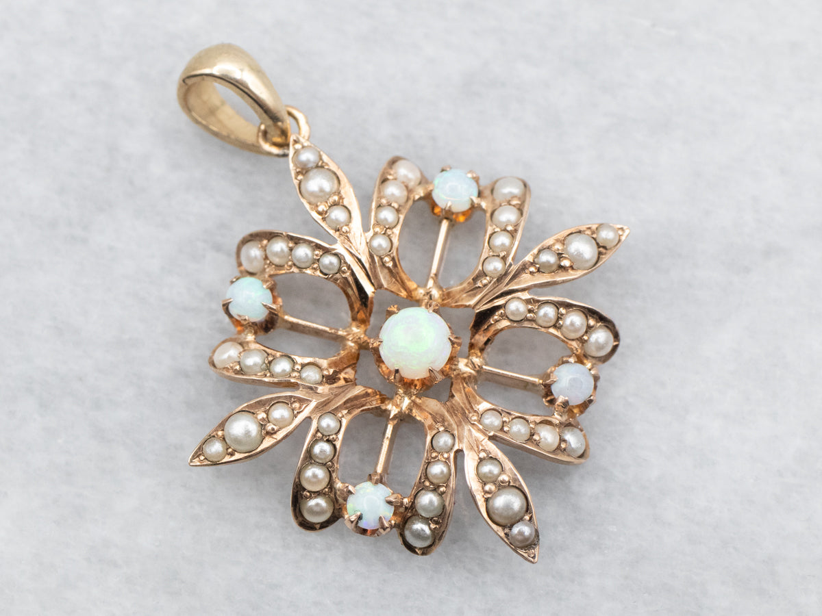 Yellow Gold Opal and Seed Pearl Pendant