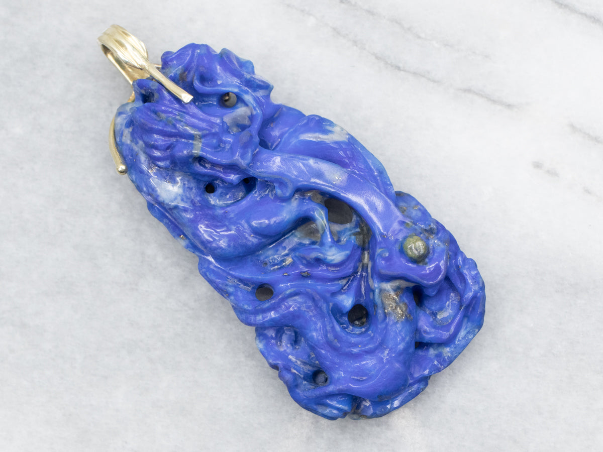 Yellow Gold Carved Lapis Pendant