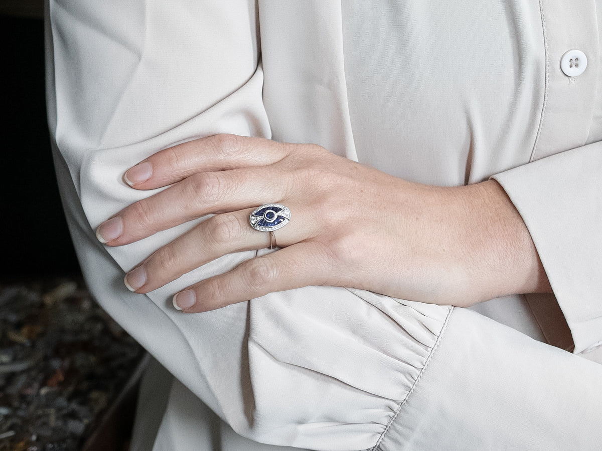 Art Deco Inspired Sapphire and Diamond Cocktail Ring