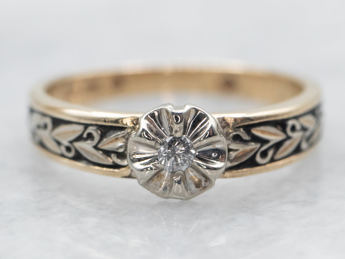 Two Tone Diamond Flower Ring with Etched Shoulders