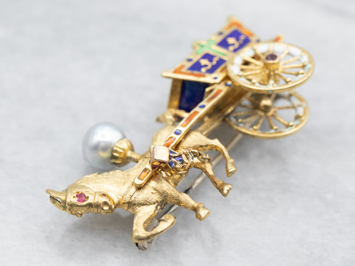 Yellow Gold Enamel and Pearl Horse and Carriage Brooch