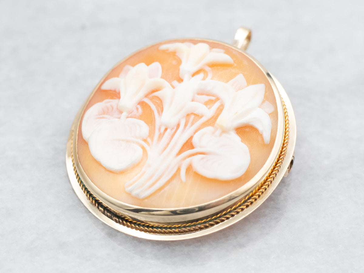 Yellow Gold Flower Cameo Brooch or Pendant