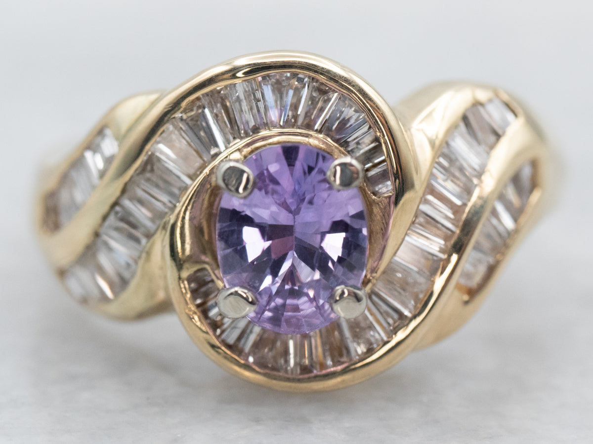 Yellow Gold Oval Cut Purple Sapphire Swirl Ring with Baguette Cut Diamond Halo