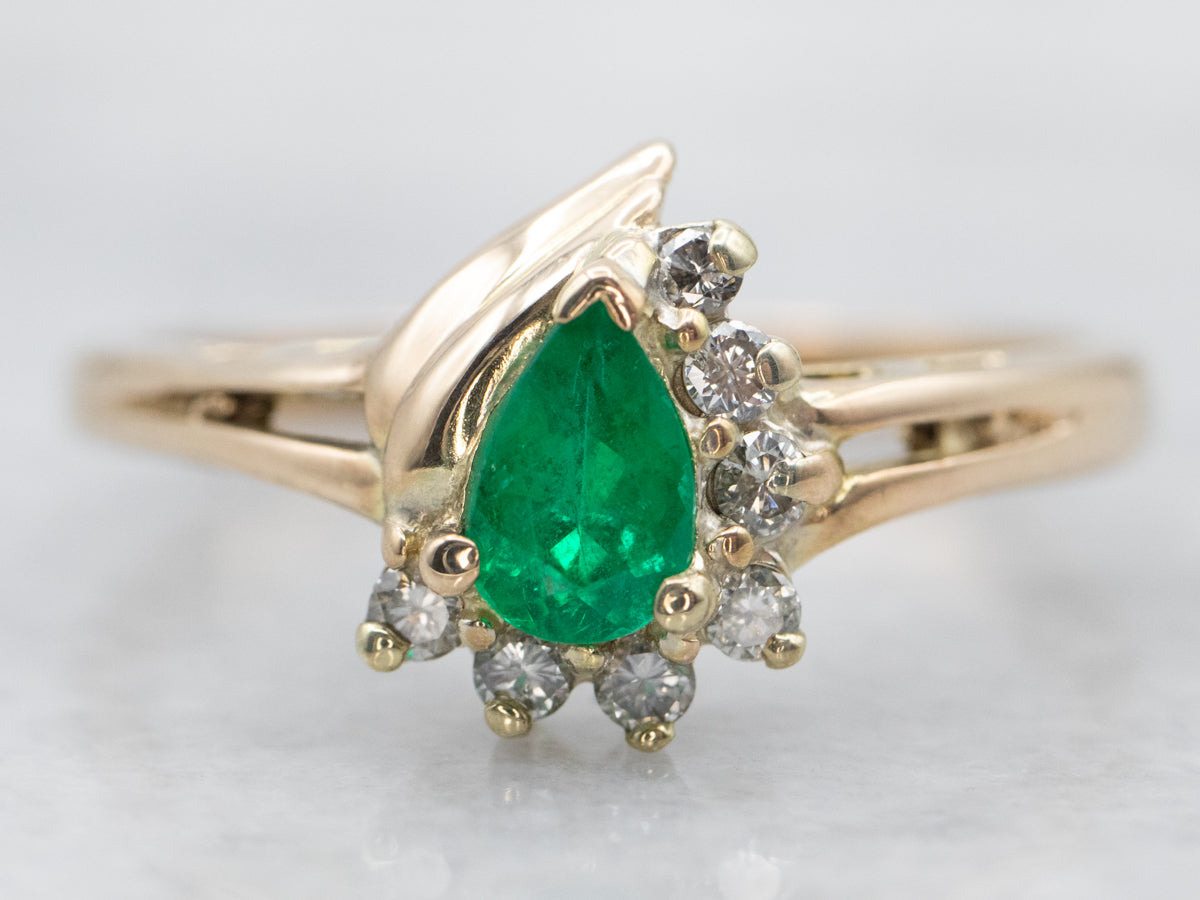 Two Tone Pear Cut Emerald Ring with Diamond Accents