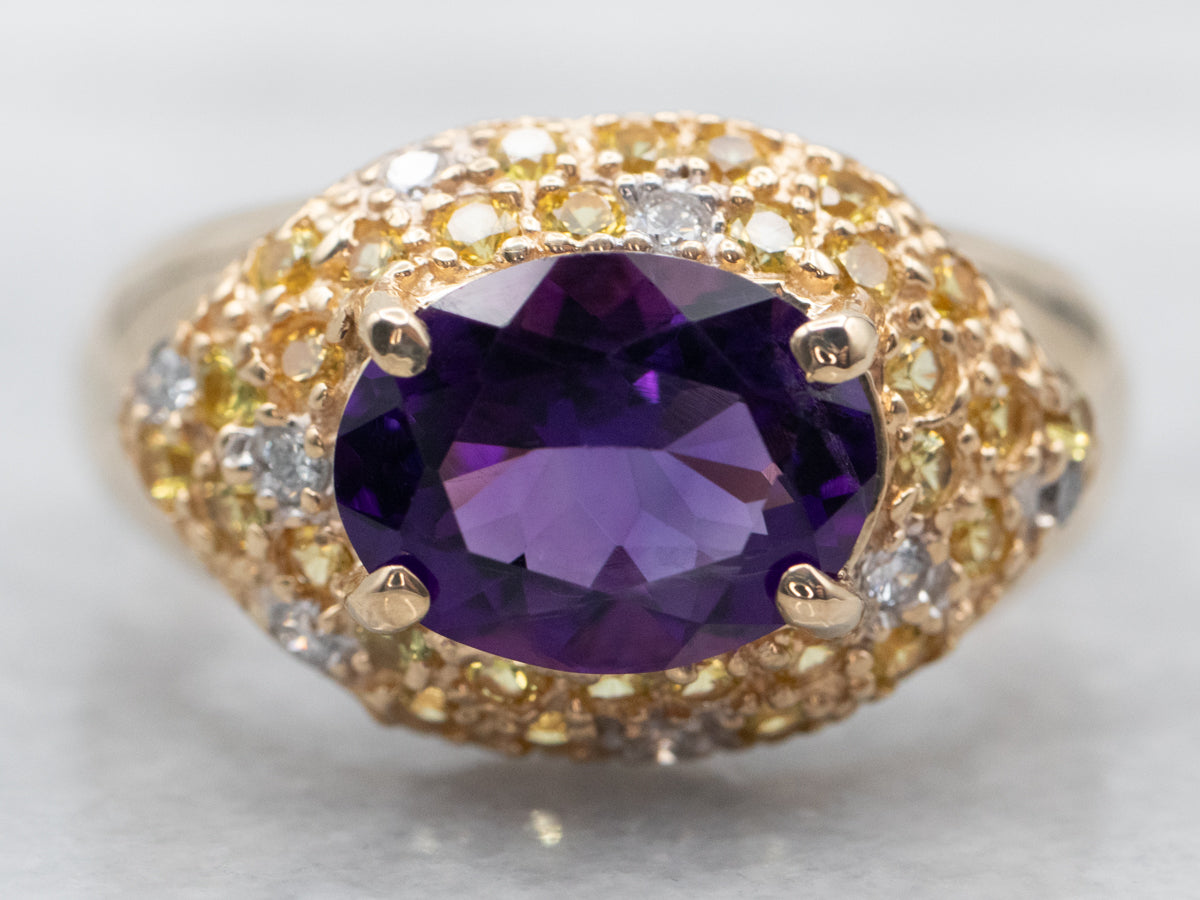 Yellow Gold East West Oval Cut Amethyst Ring with Diamond and Yellow Sapphire Accents