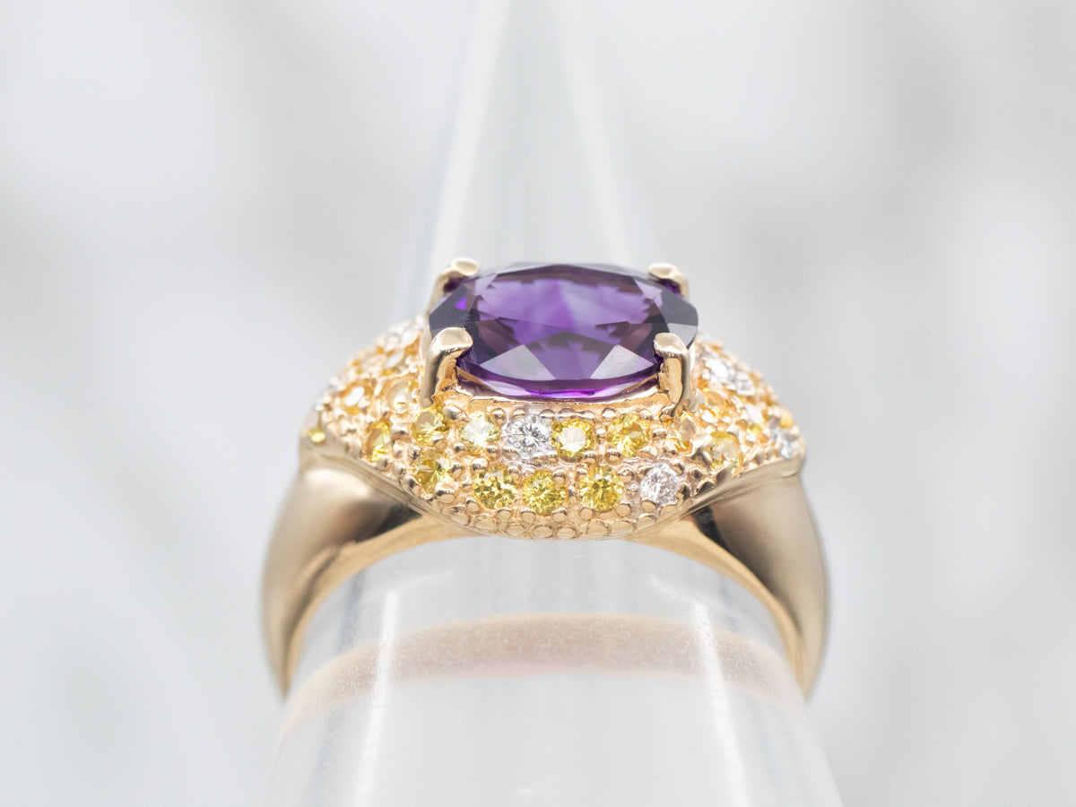 Yellow Gold East West Oval Cut Amethyst Ring with Diamond and Yellow Sapphire Accents