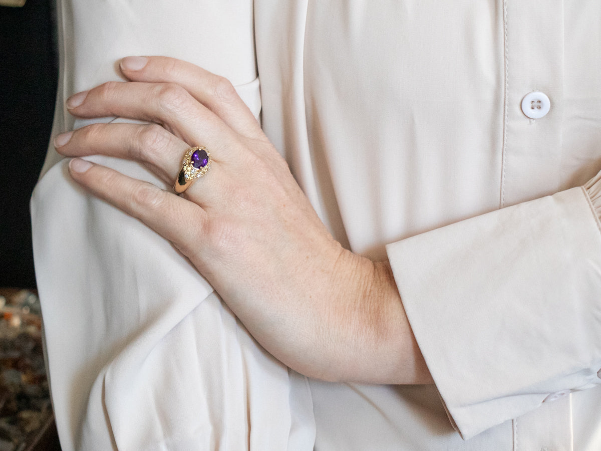 Yellow Gold East West Oval Cut Amethyst Ring with Diamond and Yellow Sapphire Accents