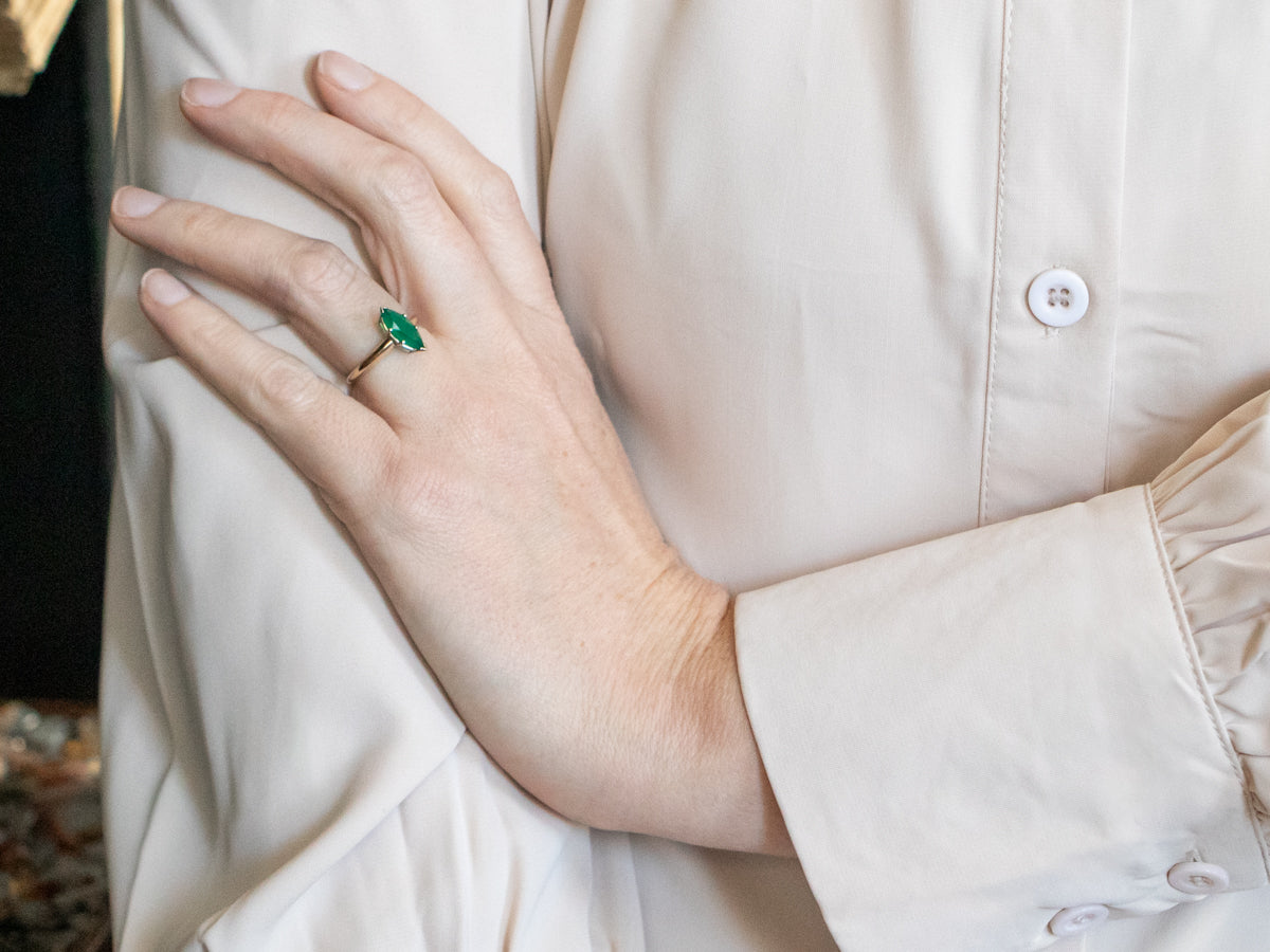 Yellow Gold Marquise Cut Green Onyx Solitaire Ring