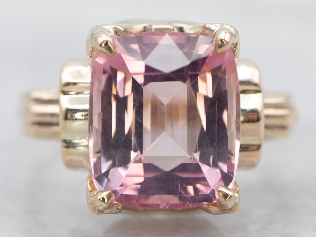 Yellow Gold Emerald Cut Pink Tourmaline Solitaire Ring