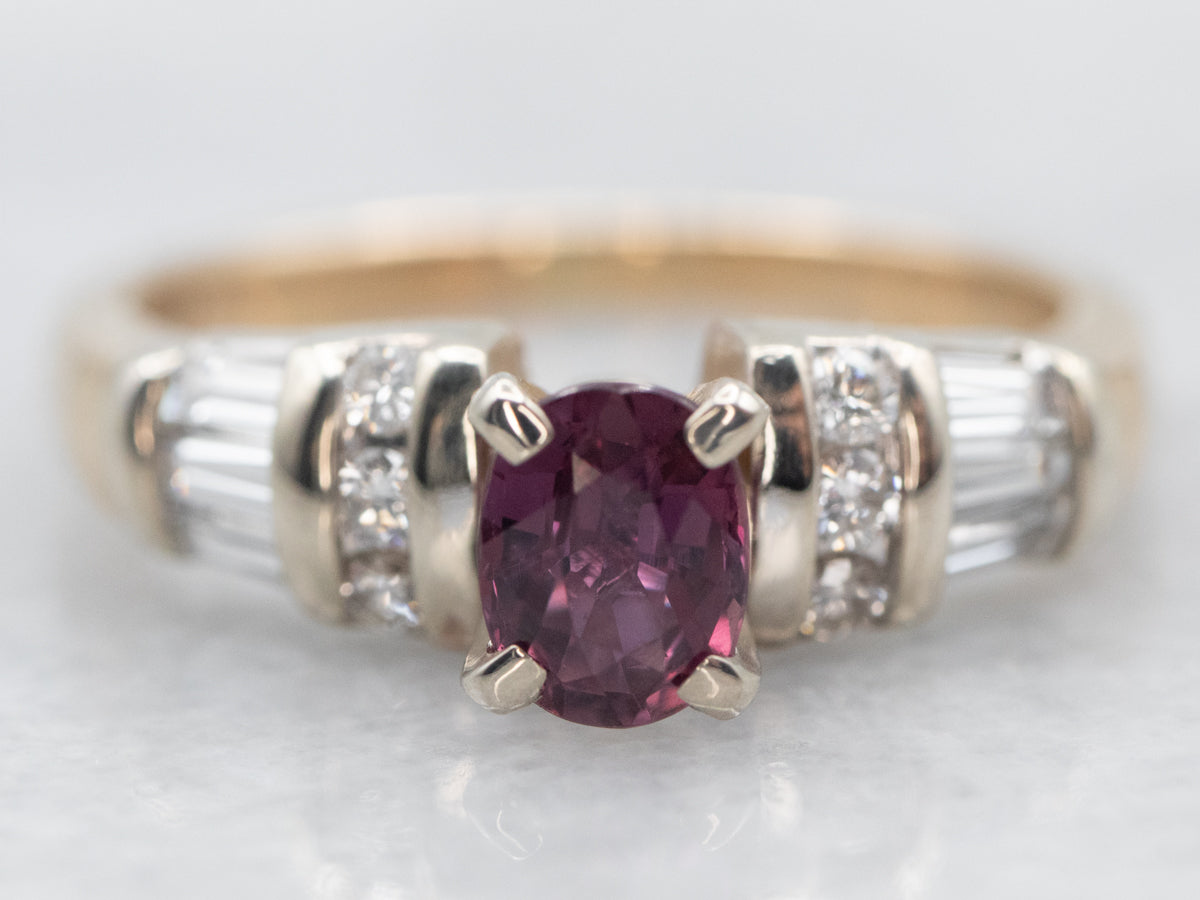 Two Tone Oval Cut Ruby Ring with Diamond Shoulders