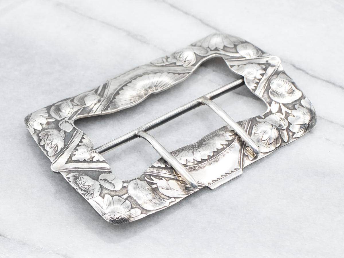 Antique Sterling Silver Floral Belt Buckle