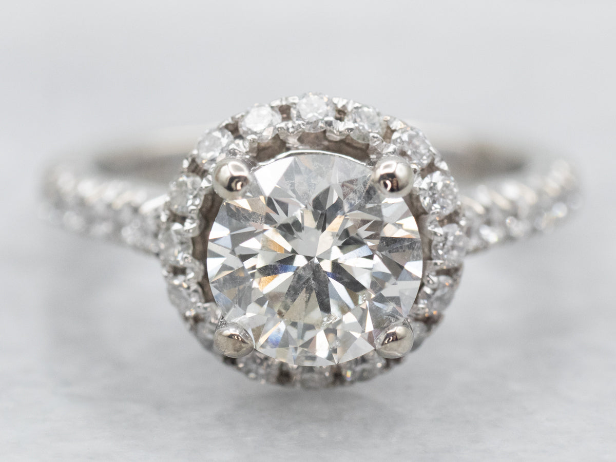 Modern White Gold Diamond Engagement Ring with Diamond Halo