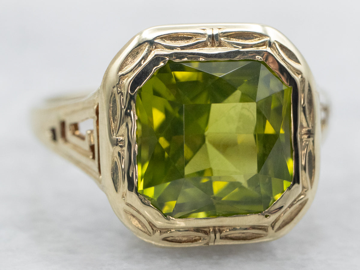 Yellow Gold Square Cut Bezel Set Peridot Solitaire Ring