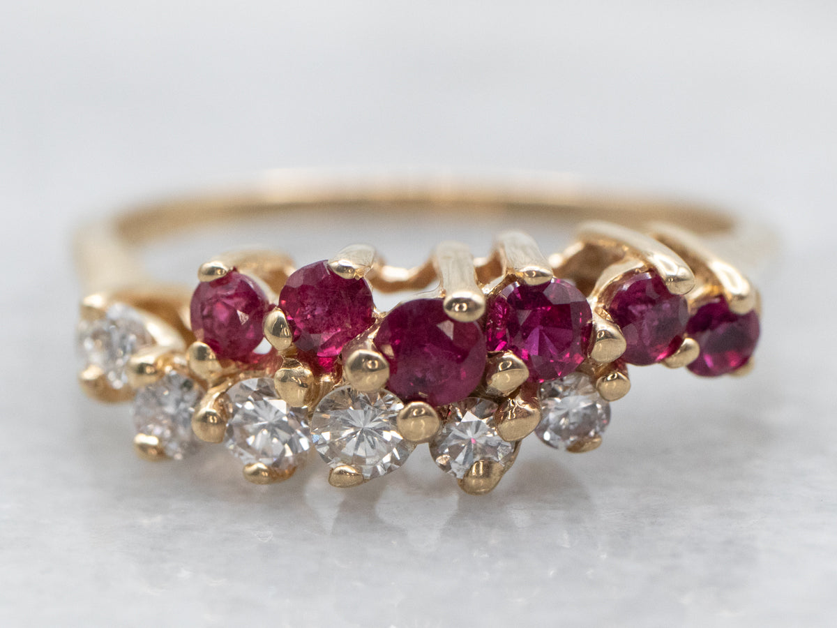 Yellow Gold Diamond and Ruby Two Row Bypass Ring