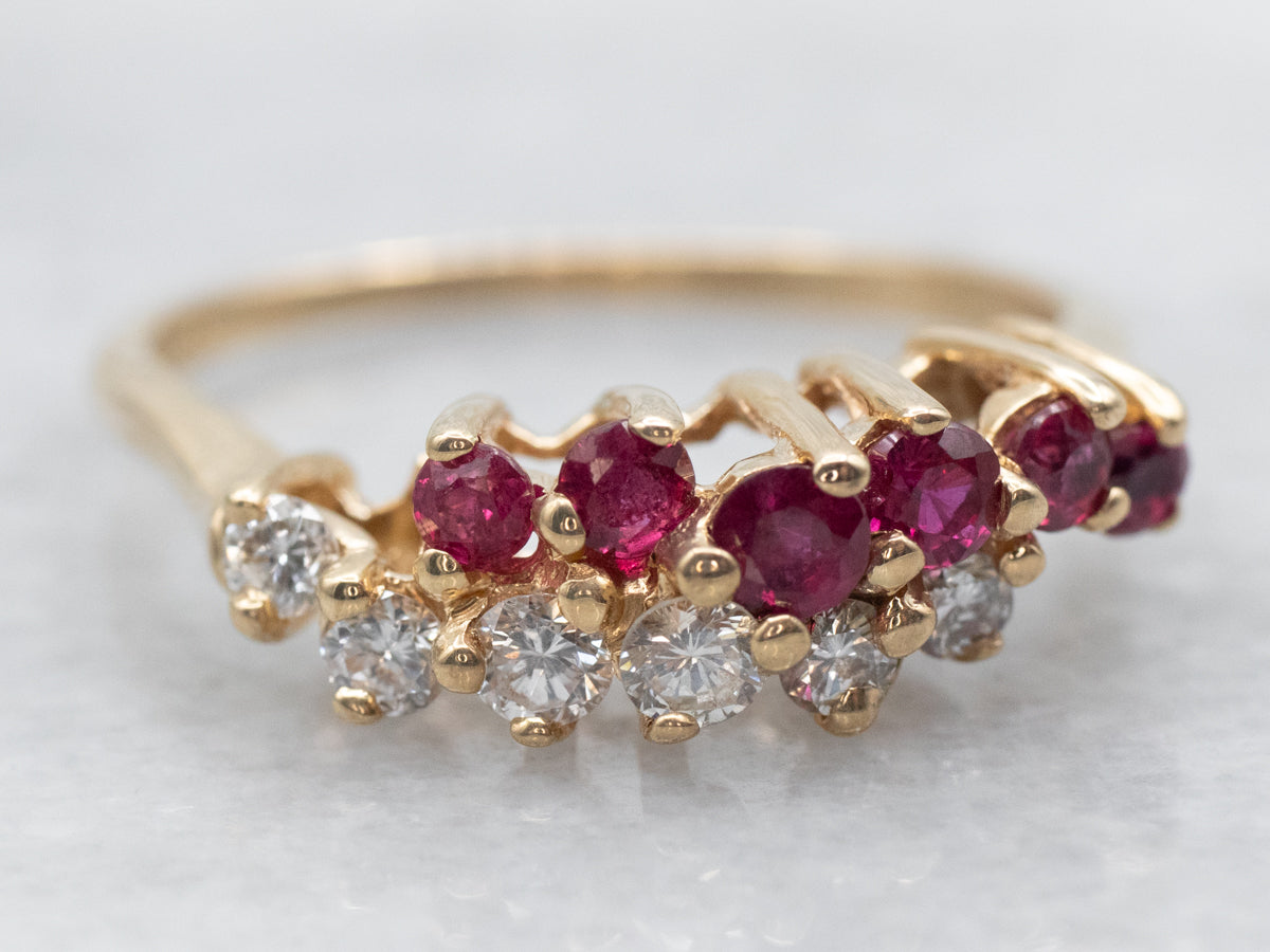 Yellow Gold Diamond and Ruby Two Row Bypass Ring