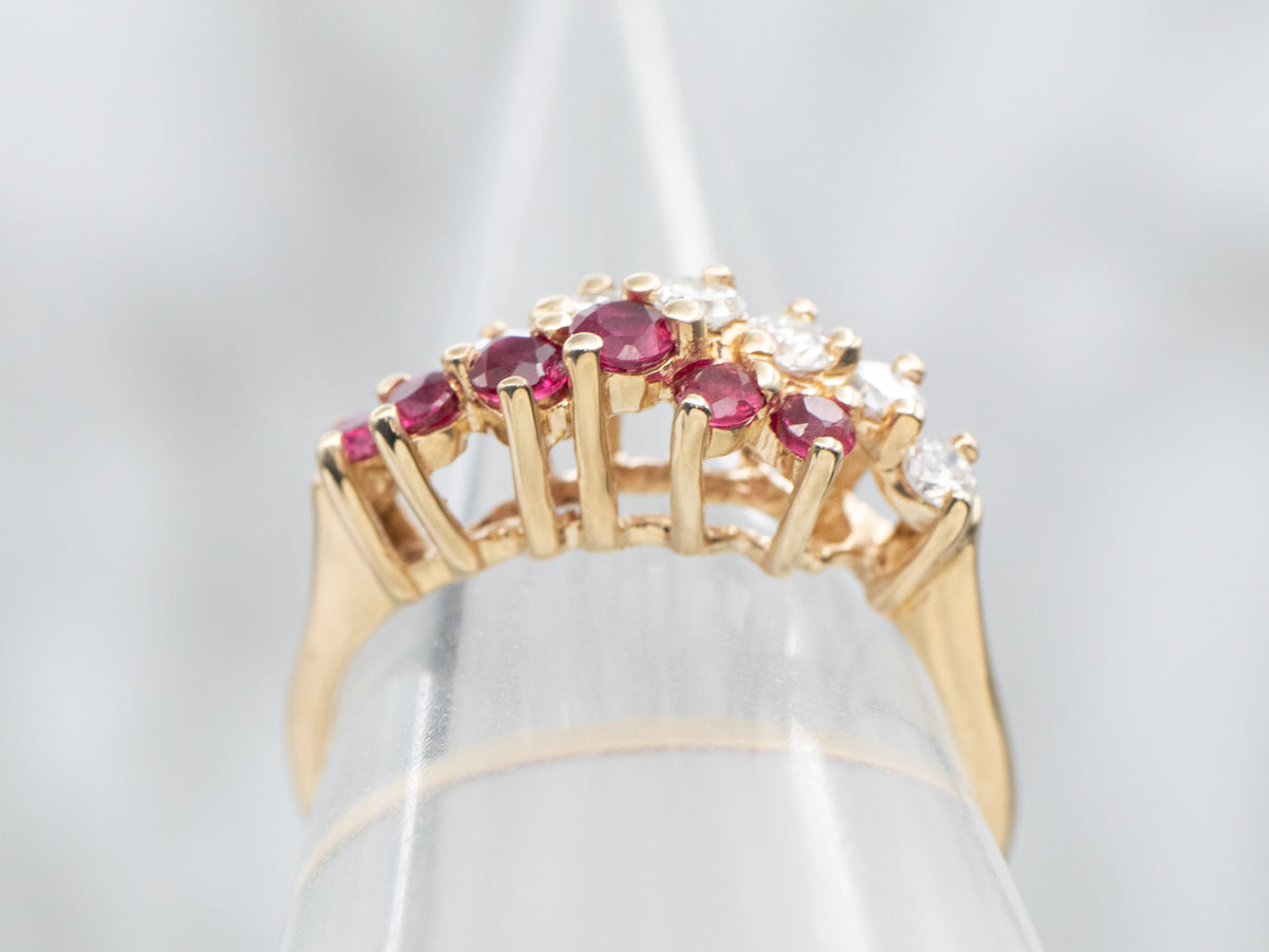 Yellow Gold Diamond and Ruby Two Row Bypass Ring