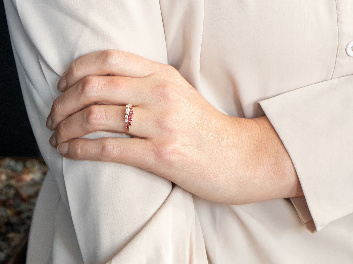 Yellow Gold Diamond and Ruby Two Row Bypass Ring