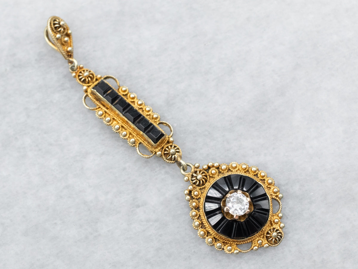 Yellow Gold Old Mine Cut Diamond and Black Onyx Pendant