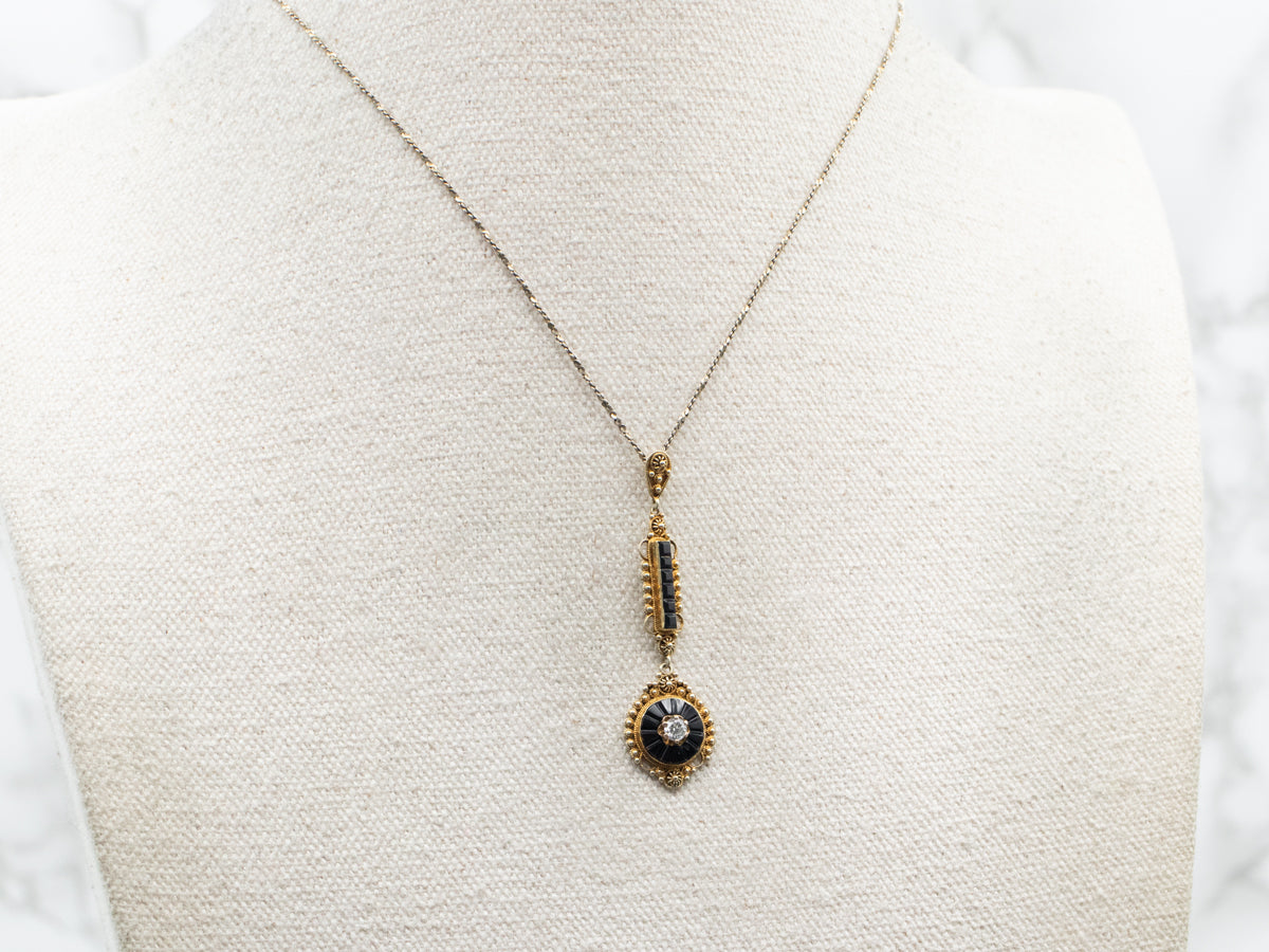 Yellow Gold Old Mine Cut Diamond and Black Onyx Pendant