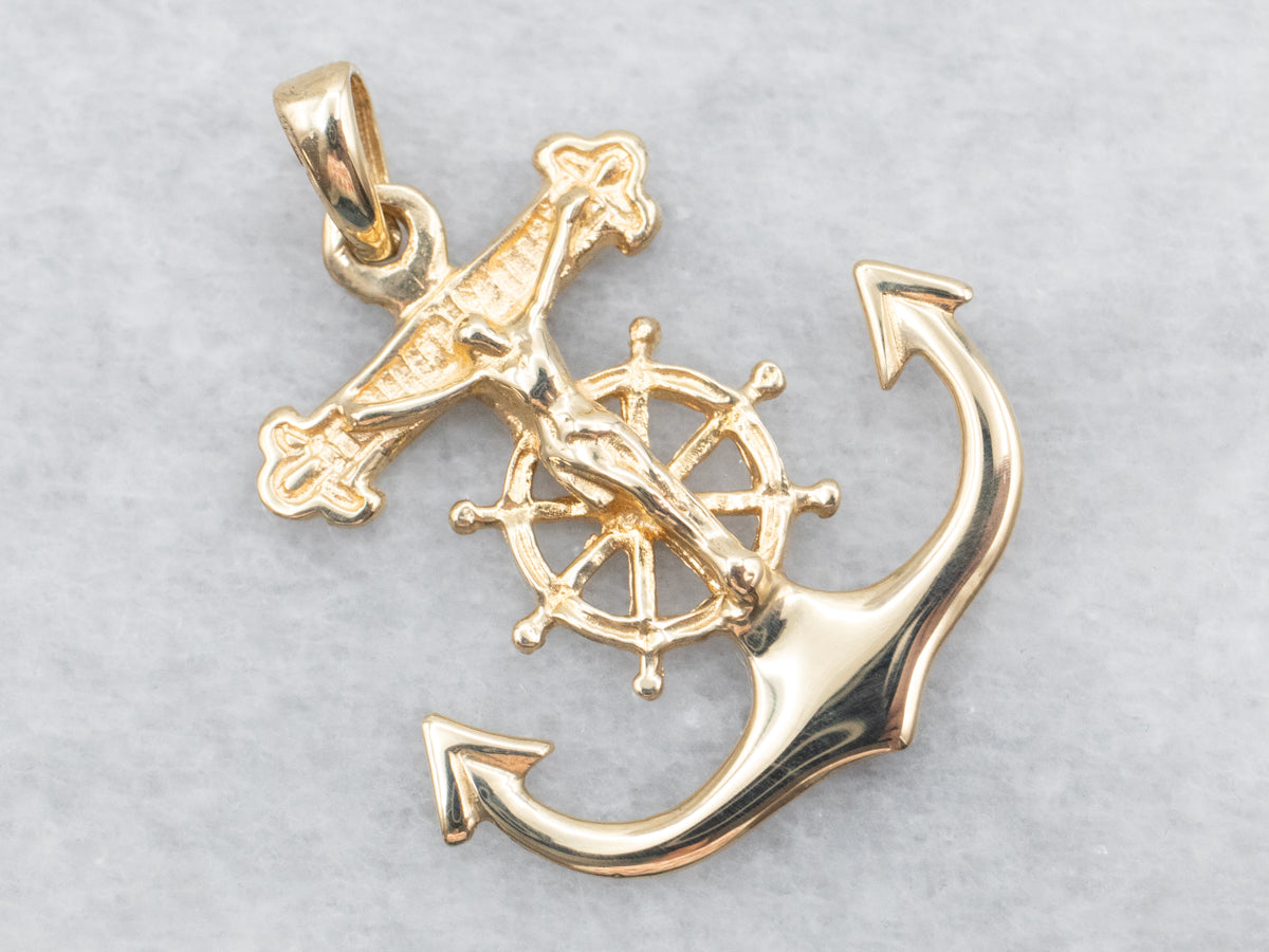 Yellow Gold Mariner&#39;s Cross Anchor and Crucifix Pendant