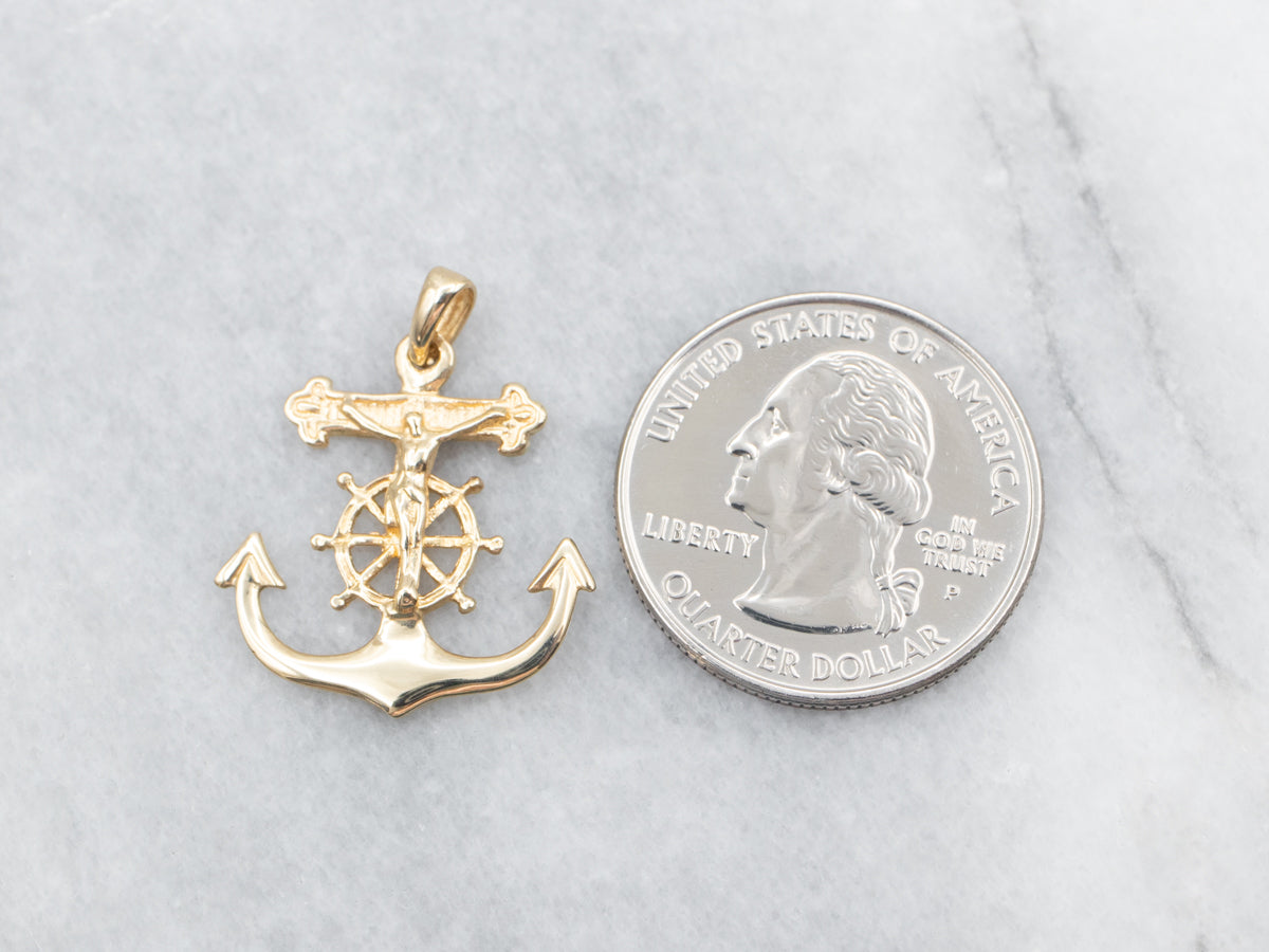 Yellow Gold Mariner's Cross Anchor and Crucifix Pendant