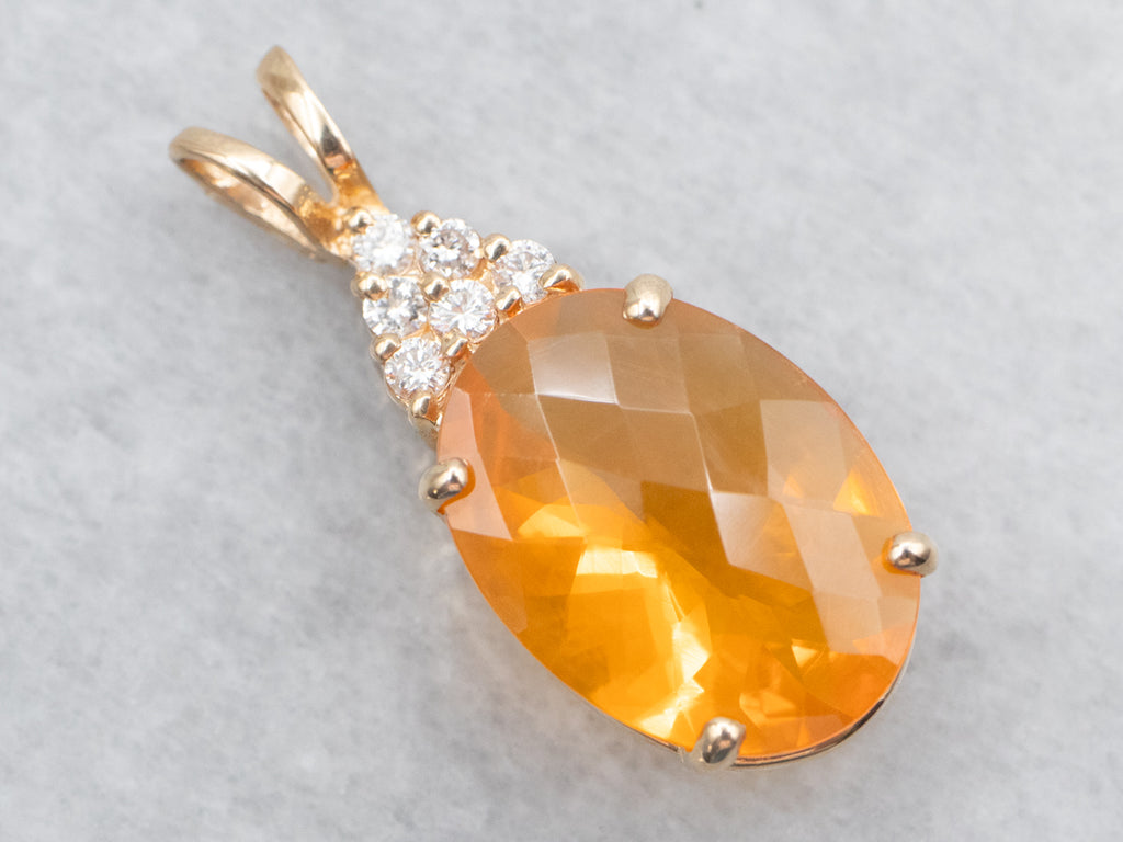 BEAUTIFUL 10K WHITE high quality GOLD FIRE OPAL DIAMOND ACCENT PENDANT. # 701