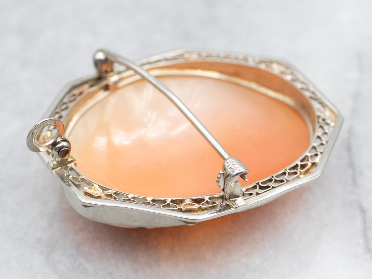 White Gold Oval Cut Cameo Brooch or Pendant with Filigree Frame