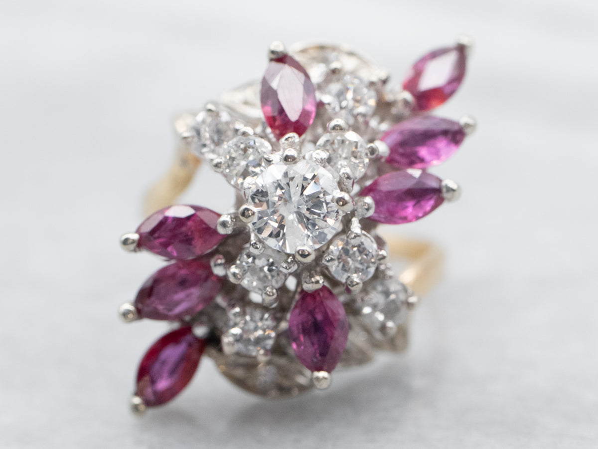 Two Tone Round Cut Diamond and Marquise Cut Ruby Cluster Bypass Ring