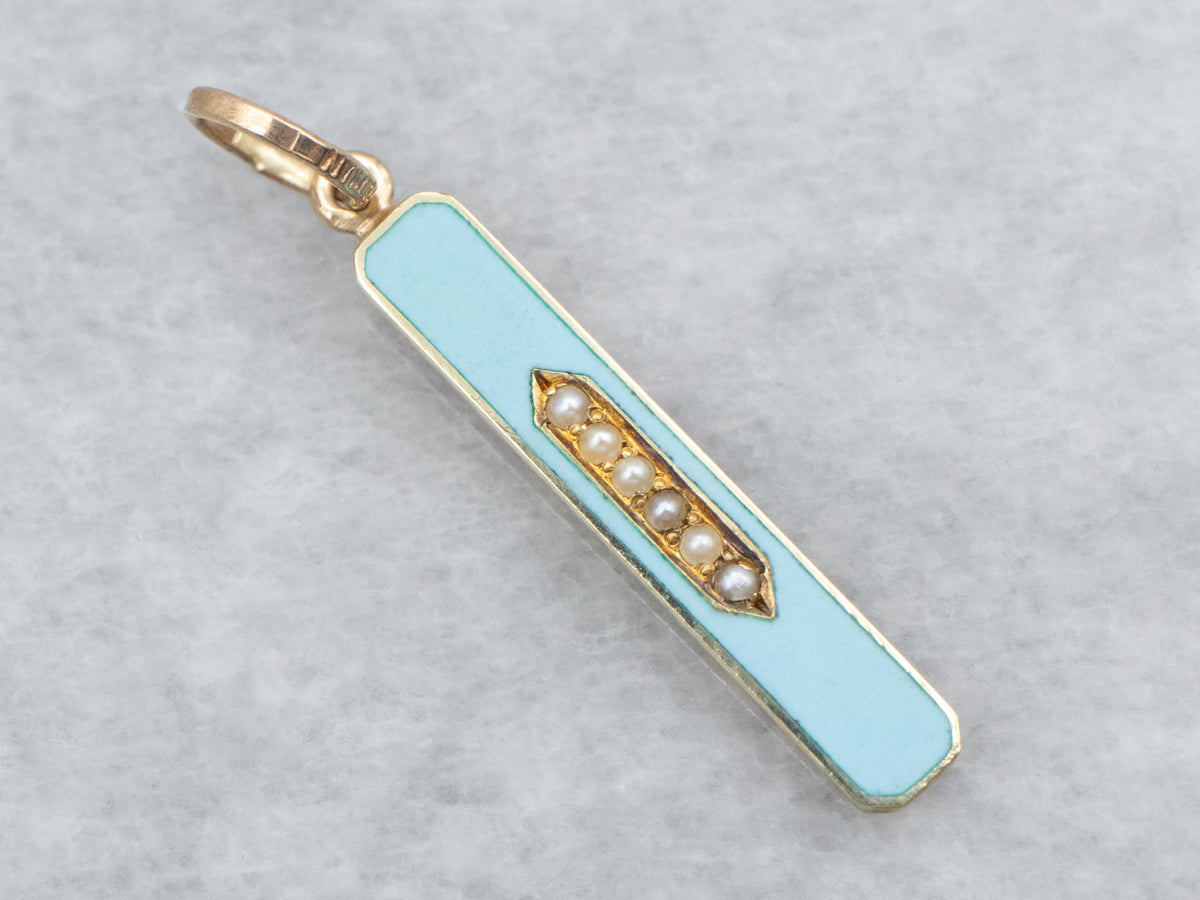 Yellow Gold Seed Pearl and Blue Enamel Bar Pendant