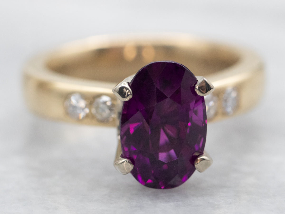 Yellow and White Gold Oval Cut Rhodolite Garnet Ring with Diamond Accents