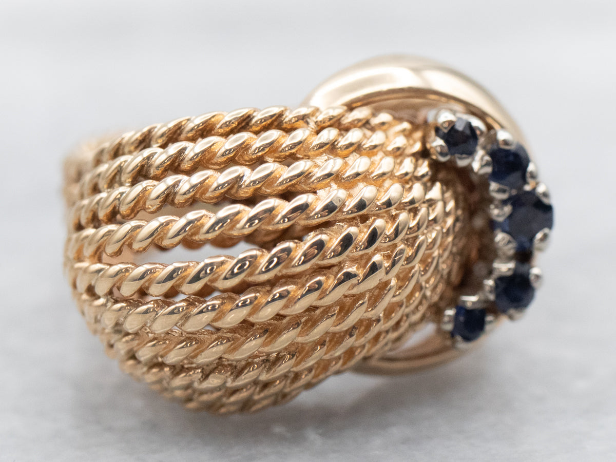 Yellow Gold Twisted Belt Buckle Ring with Sapphire Accents