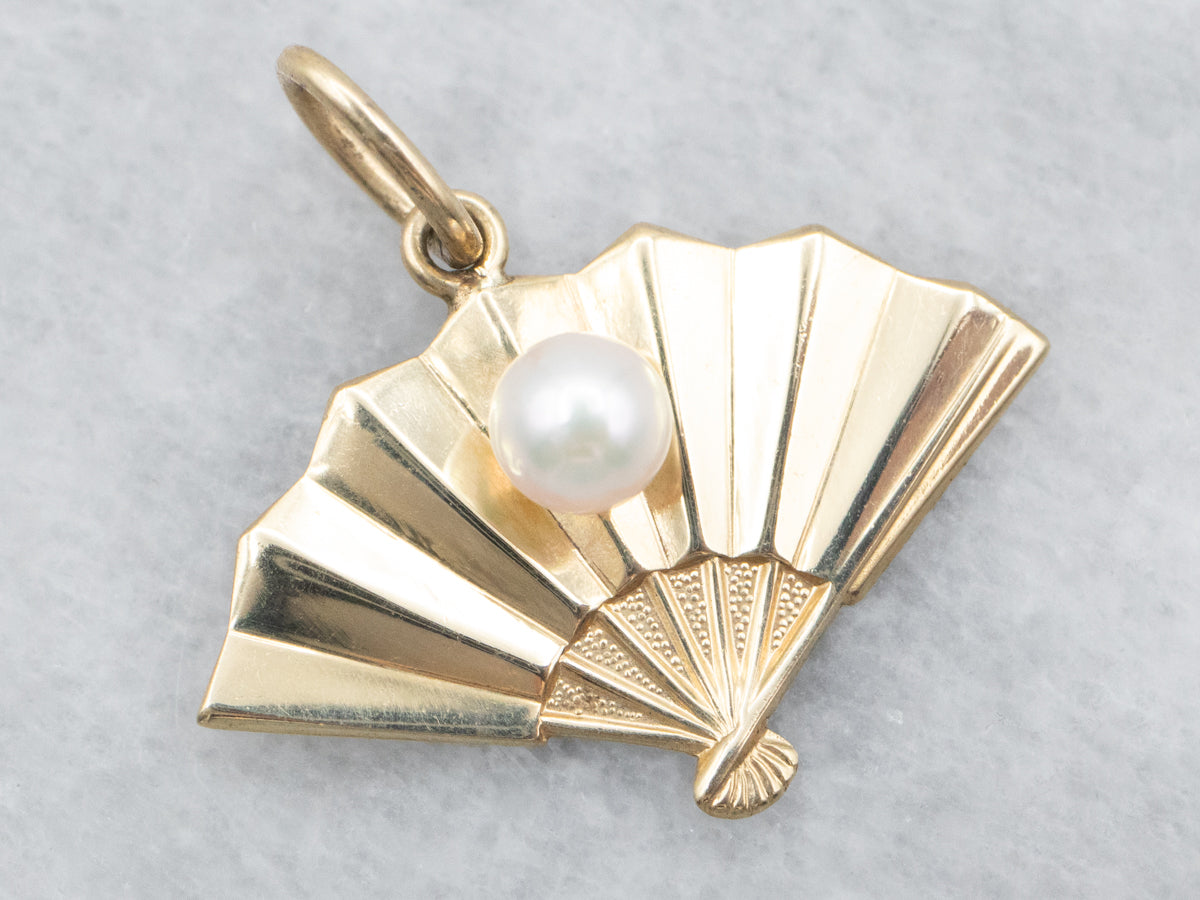 Yellow Gold Saltwater Pearl Fan Charm