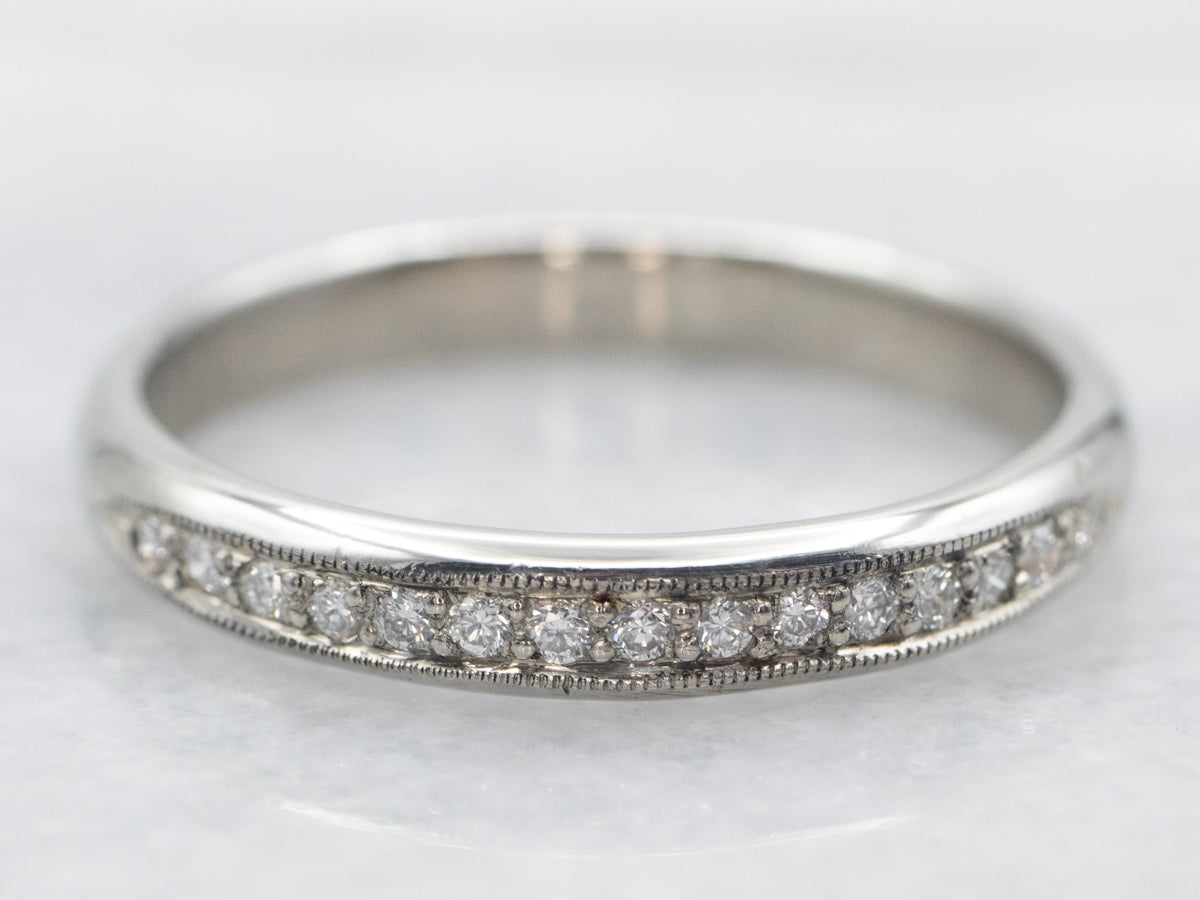 White Gold Pave Set Diamond Wedding Band with Milgrain Edge