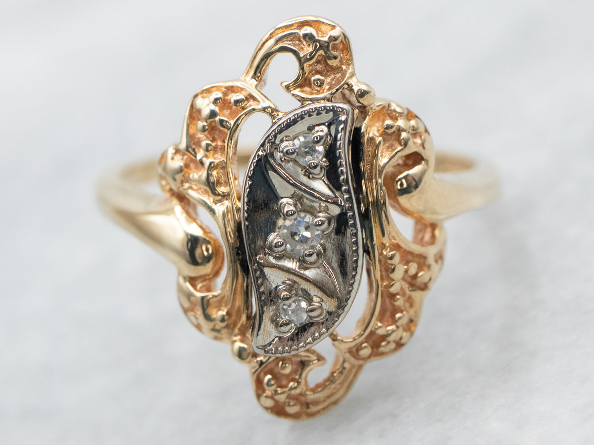 Yellow and White Gold Diamond Ring with Ornate Frame