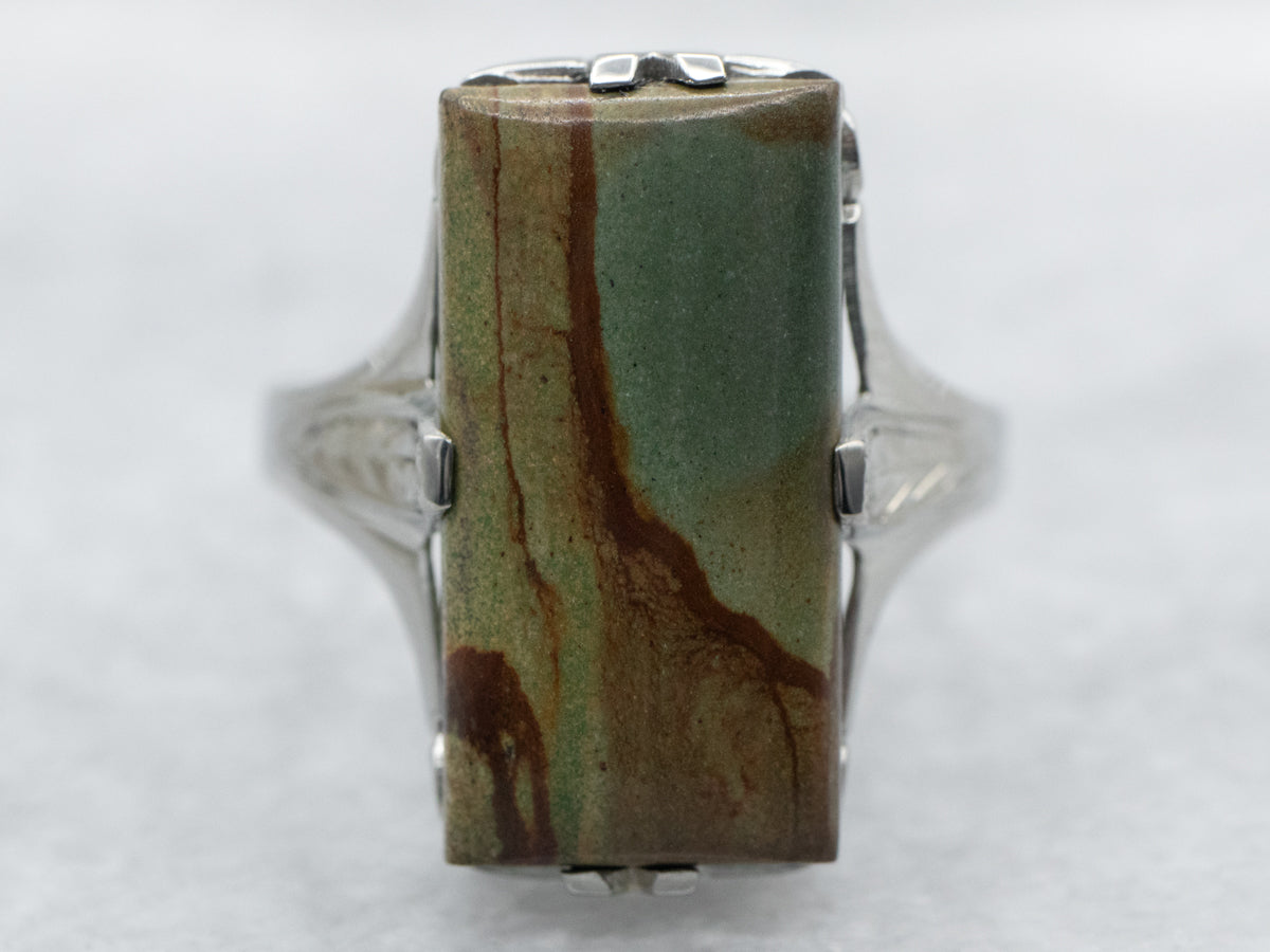 White Gold Rectangle Cut Jasper Ring