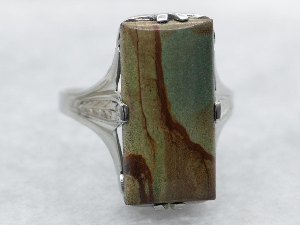 White Gold Rectangle Cut Jasper Ring