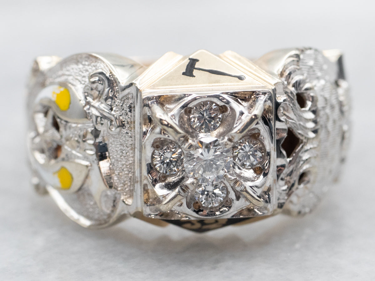 Yellow and White Gold Enamel and Diamond Cluster Masonic Ring