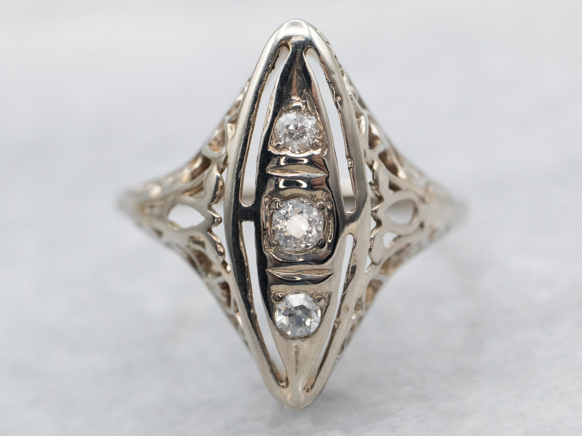 White Gold Old Mine Cut Diamond Filigree Ring