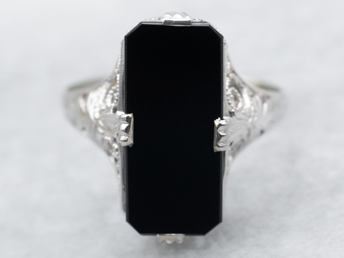 White Gold Emerald Cut Black Onyx Solitaire Ring